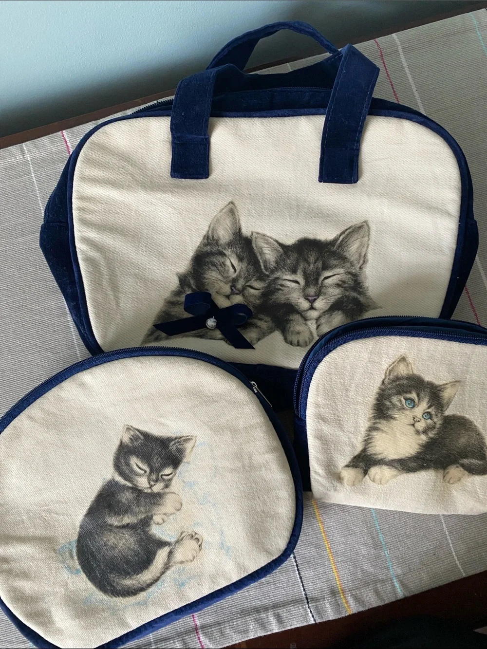 Complete Blue Velvet & Canvas Cat Kitten Print Accessory Pouch Bag Set